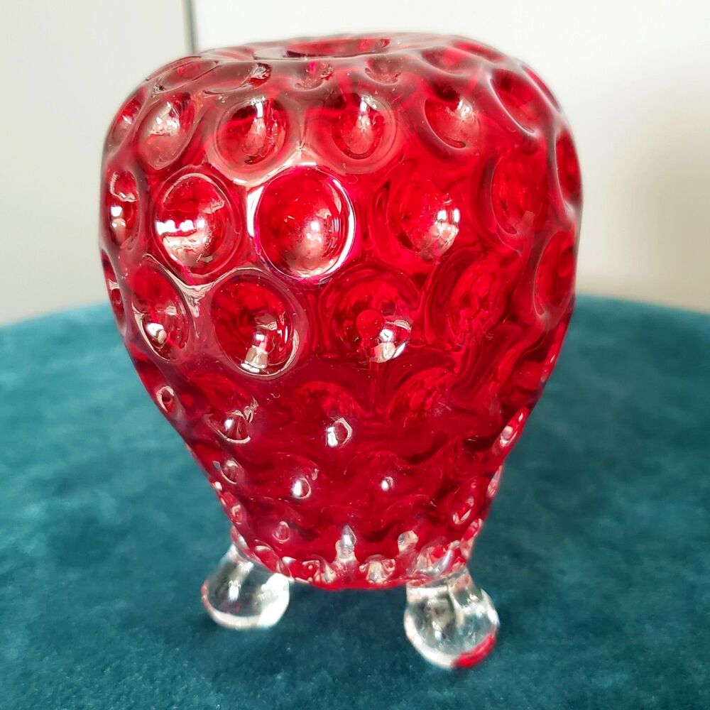 Strawberry Red Blown Art Glass 3 Footed Opening Fenton Style 4" X 3" Decorative